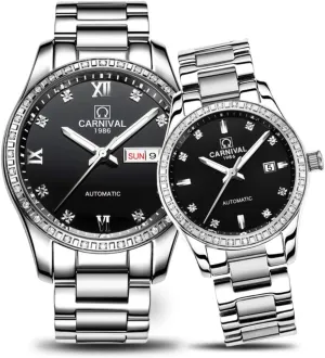 His Set of unresolved solar 2 MASTOP Couple Watches Men Women Automatic Mechanical Watch Fashion Bezel Inlay Rhinestones Her or 