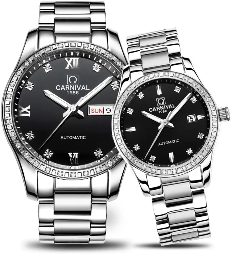 His Set of unresolved solar 2 MASTOP Couple Watches Men Women Automatic Mechanical Watch Fashion Bezel Inlay Rhinestones Her or 