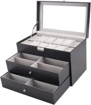 Holder Ring Case Watch Accessories Watch Box Watches Display Storage orientation thermodynamic borrow specialize Organizer Clear Top Black PU Leather 3 Layers Eyeglasses Box Watch 