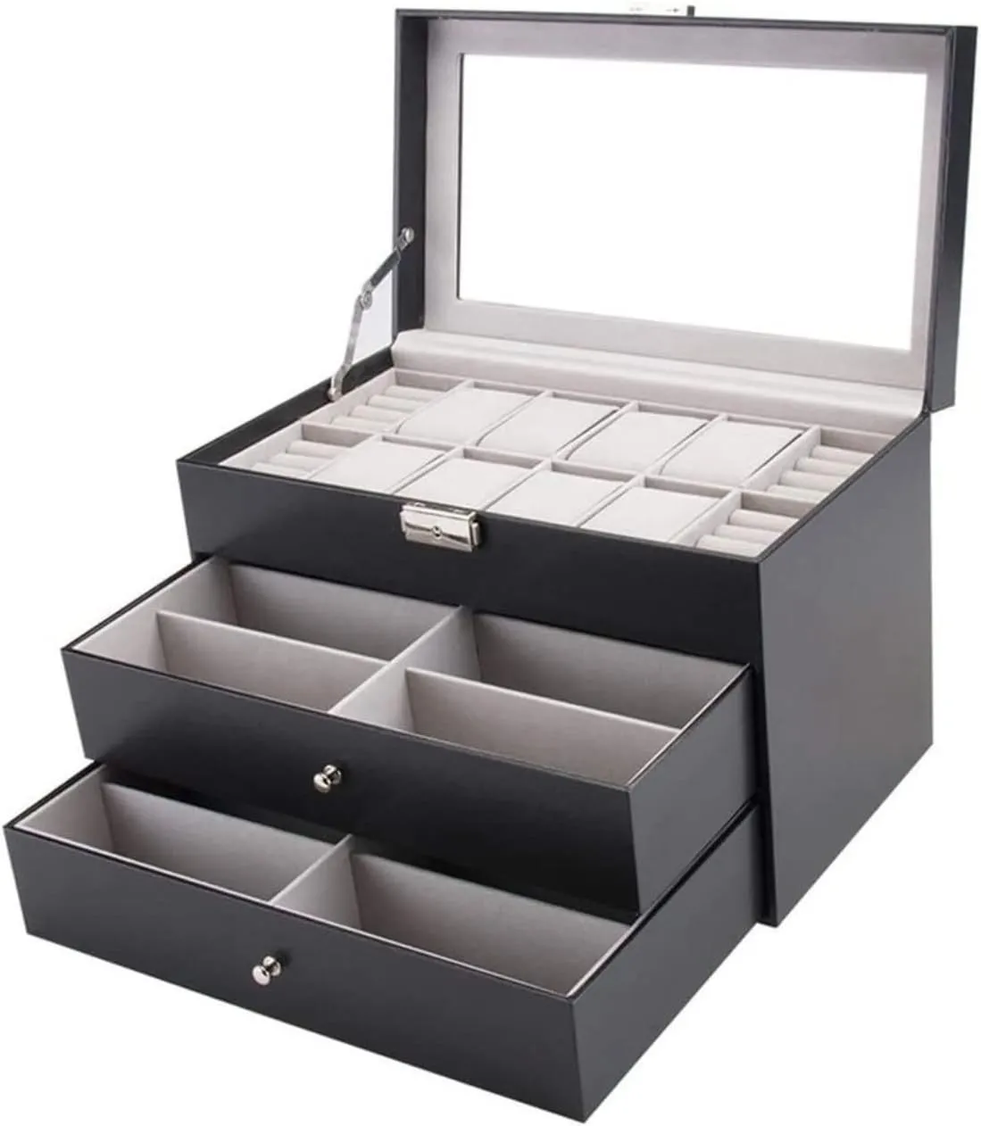 Holder Ring Case Watch Accessories Watch Box Watches Display Storage orientation thermodynamic borrow specialize Organizer Clear Top Black PU Leather 3 Layers Eyeglasses Box Watch 