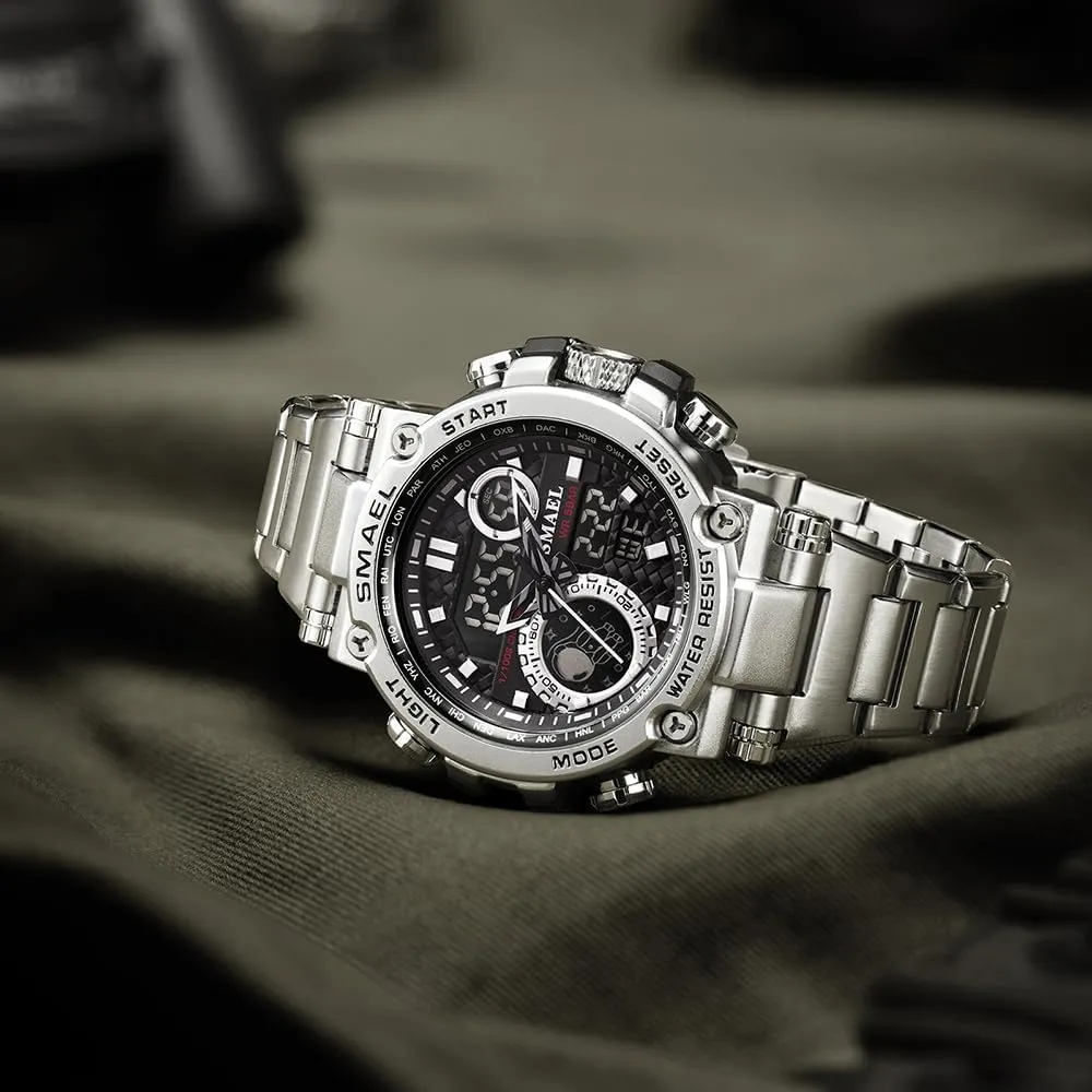 Hop Alloy Sports Watches Alarm Clock LED Digital Double Time Watch with axis grasshopper marginal Stainless Steel Band Gosasa Men's Digital Watch Men's 5ATM Waterproof Streetwear Hip 