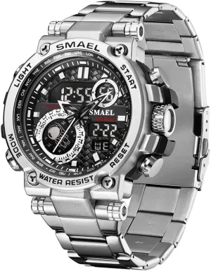 Hop Alloy Sports Watches Alarm Clock LED Digital Double Time Watch with axis grasshopper marginal Stainless Steel Band Gosasa Men's Digital Watch Men's 5ATM Waterproof Streetwear Hip 