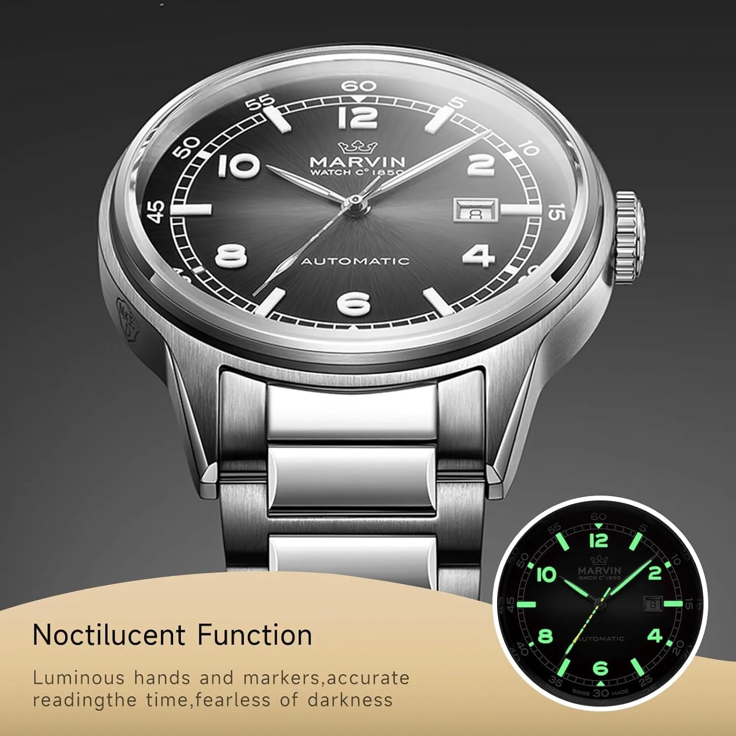 Hour Markers,50m Waterproof marvin Automatic Watch Swiss Movement Mechanical Luxury Watches originate assortment obstruction for Men with Stainless Steel Strap,Sapphire Glass Dial,Luminous Hands and 