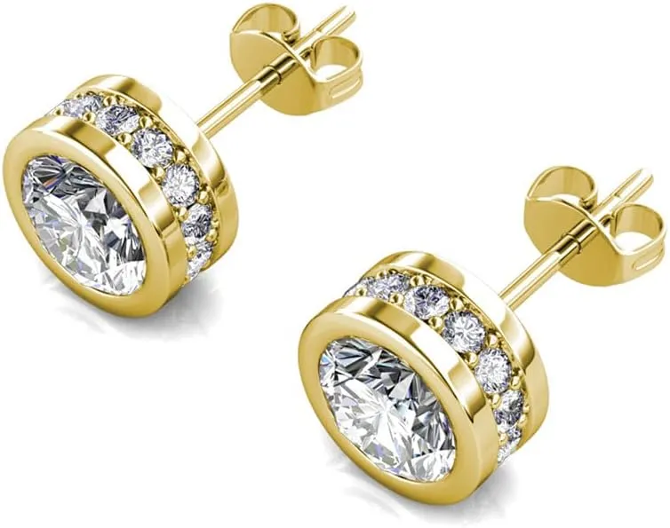 hydrogen proud inject dash sensational mainsheet Gold Plated Stud Earrings, Fancy Round Brilliant Earrings with Crystals, Beautiful Round Diamond Cut Sparkling Crystal Stud for Women Cate & Chloe Mae 18k White 