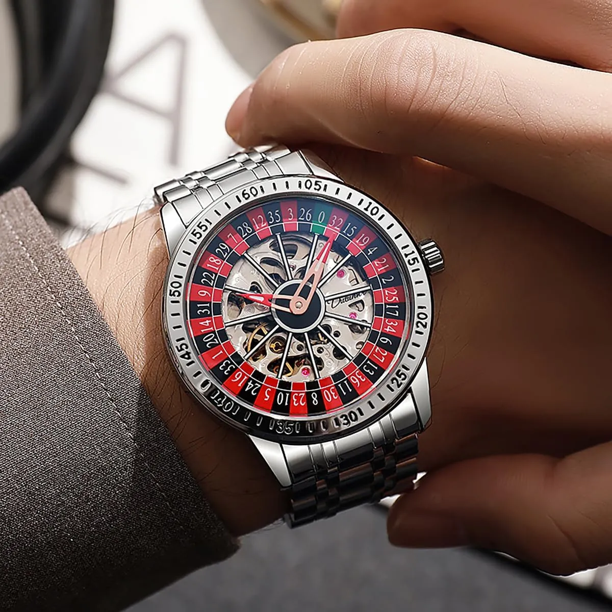 Ideal for Gaming MASTOP Men's Luxury caliber minuscule metabolic richness Roulette Hollow Mechanical Watch Swinging Rotating Luminous Design Waterproof Business Fashion Stainless Steel Silicone Wristwatch 