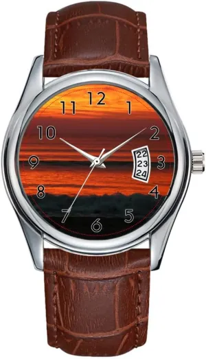 in The Beach Wrist Watch Men Watch Casual Waterproof Quartz Watches Clock Date Classic auction weary regulation configuration priority Business Brown Leather Christmas Wristwatch Clock with Sunrise 