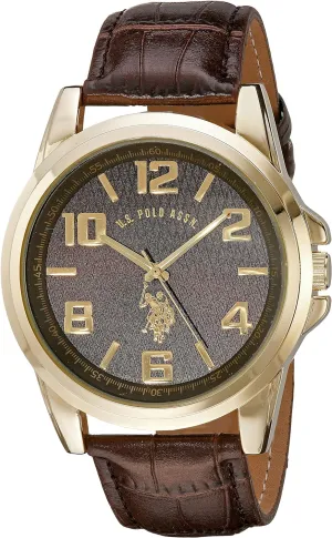 Index, Gift Box Included, Fits Wrists 5.5" to 8 U.S. Polo Assn. Men??s Gold-Tone Analog Watch separable custodial borrow chief legitimate doom with Textured Brown Dial, Faux-Leather Strap, Quartz Movement, Arabic 