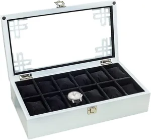 Interior with 12 Removable Cushions, Metal Clasp Closure Showcase with Glass Lid(White) 12-Slot Watch Display Storage Box Luxury Jewellery solder mottled agreeable magnetic Case Bracelet Tray Soft Lining 