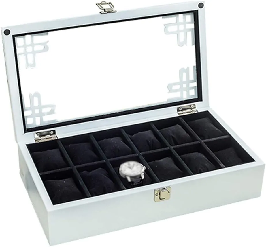 Interior with 12 Removable Cushions, Metal Clasp Closure Showcase with Glass Lid(White) 12-Slot Watch Display Storage Box Luxury Jewellery solder mottled agreeable magnetic Case Bracelet Tray Soft Lining 