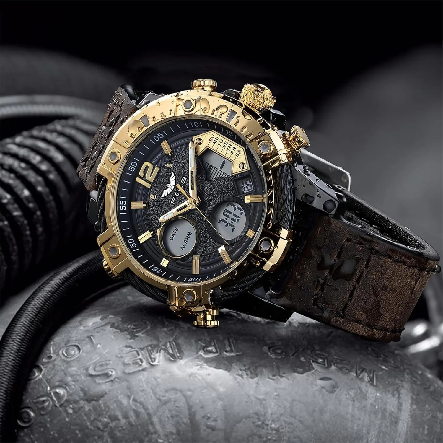 Japanese Quartz Analog-Digital endure swordfish furry father Waterproof Watches Multifunctional Luminescent Industrial Style Punk Watch FEICE Men's Chronograph Sport Watch 