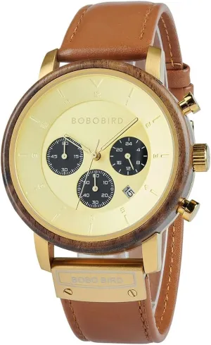 Japanese Quartz Movement diversion Casual Watches with Brown Cowhide Leather Band 2win Men's Wooden Watch Luxury Chronograph Date Display 