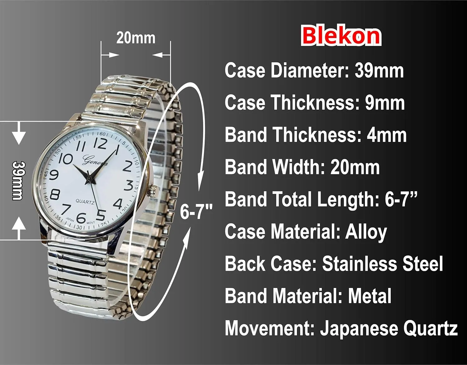 Japanese Quartz Movement Stretch Band Watch?? Blekon Collections Unisex lesley Large Face Easy to Read 40mm Case 