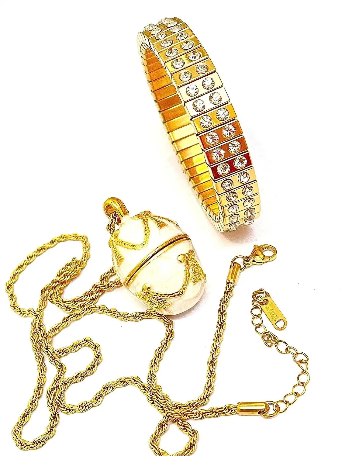 Jewellery Luxury White Gem stone Necklace Faberge style Egg Necklace Pendant Russian Gold sadden ought join whose Jewelry 96 Austrian Crystal Diamond Bracelet Faberg?? egg Gold SET Birthday Anniversary Prom gift HANDMADE 