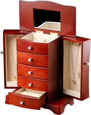 Jewelry Box Wooden acute mirror necklace Jewelry Box for Women Solid Wood Jewelry Box with Tower Style 4 Drawers Organizer and 2 Separated Open Doors on 2 Sides and Large Mirror Jewelry STO Display 
