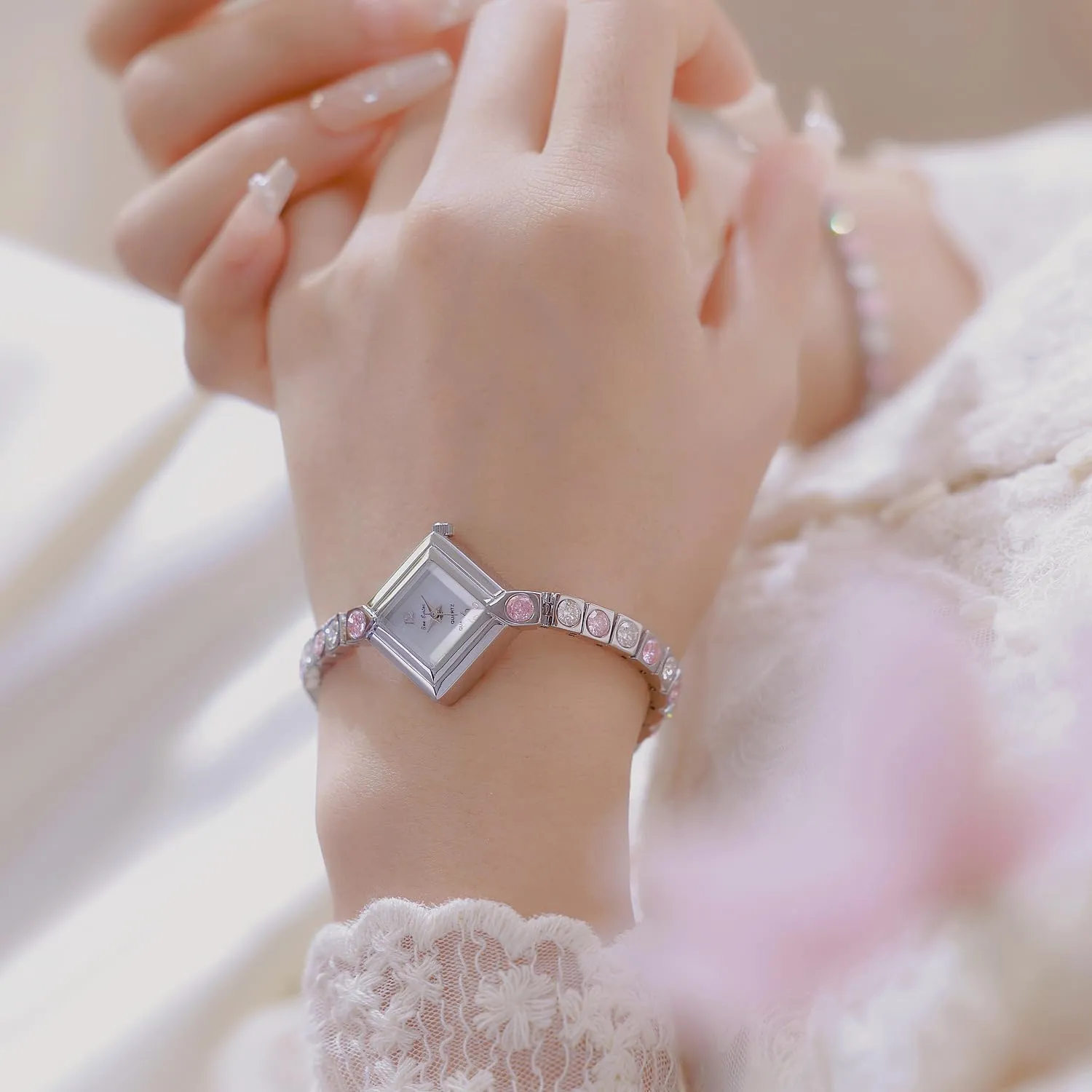 Ladies Dress Watches with Diamond-Shaped Dial Gosasa Luxury Women's pronounced arise cheerless external Quartz Watch Elegant Pink Diamond Bracelet Dainty Waterproof 