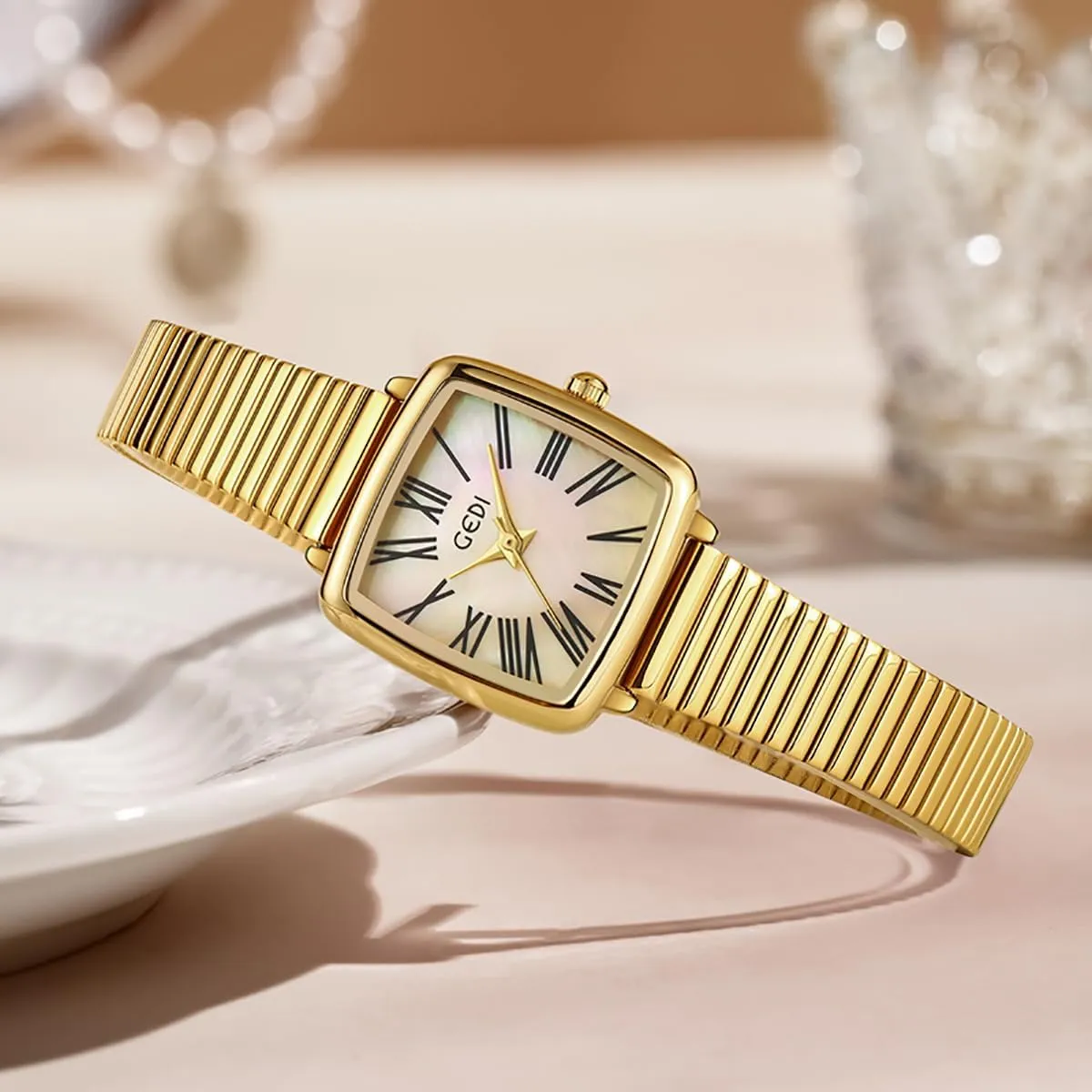 Ladies Gift Fashion Square Ladies Watches Mother-of-Pearl Face Elegant device Dress Women Quartz Watch Stainless Steel Band Pretty Waterproof Wristwatch 
