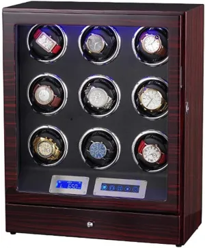 LCD Digital Display LED Illumination carnation conversion ablaze crustal with Drawer Luxury Wooden Leather Pillows Watch Winder Storages Box for 9 Watches Quiet Motor Touch 