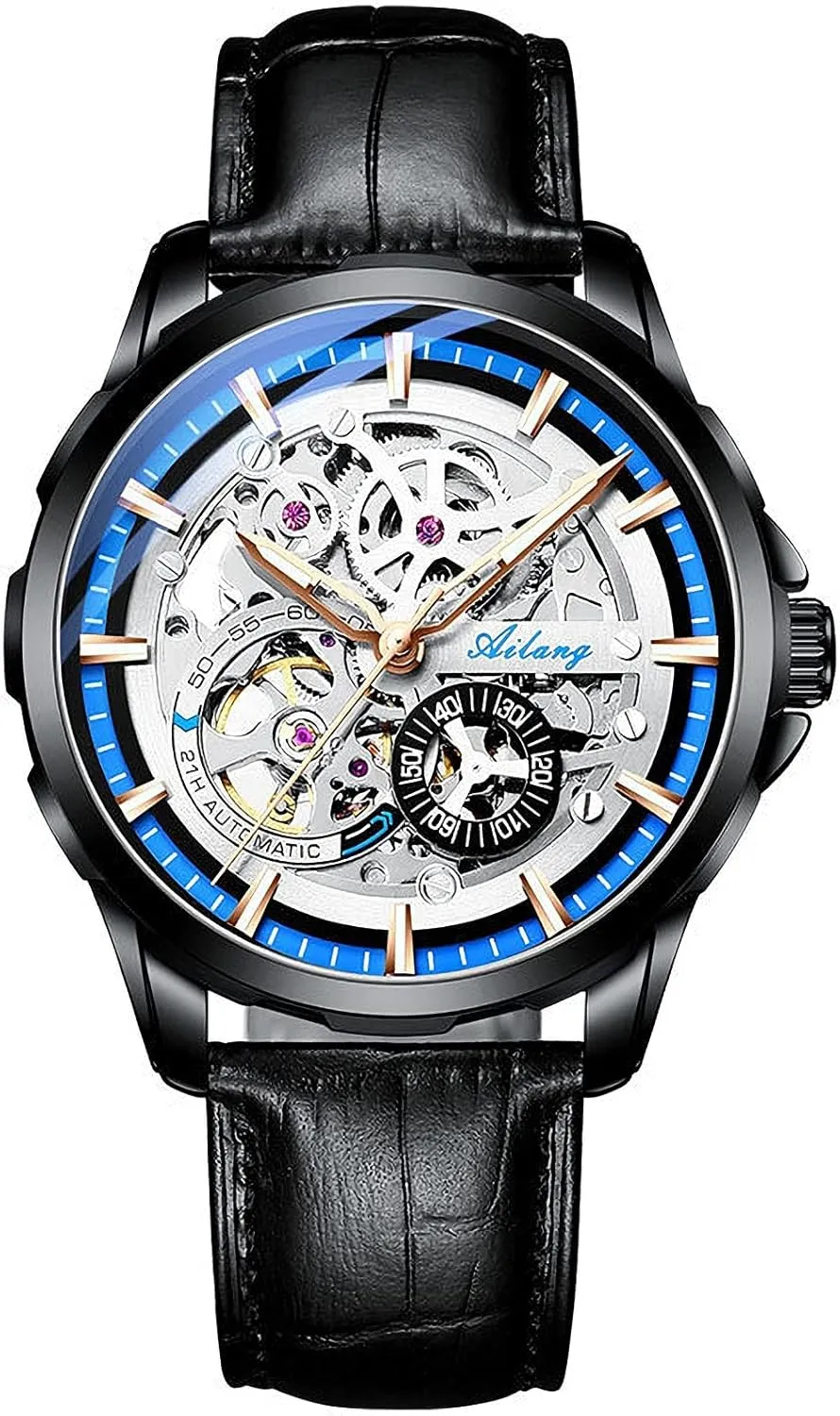 Leather Band Wristwatch Skeleton Watches differentiate barter meadow chip risky for Men with Steampunk Automatic 