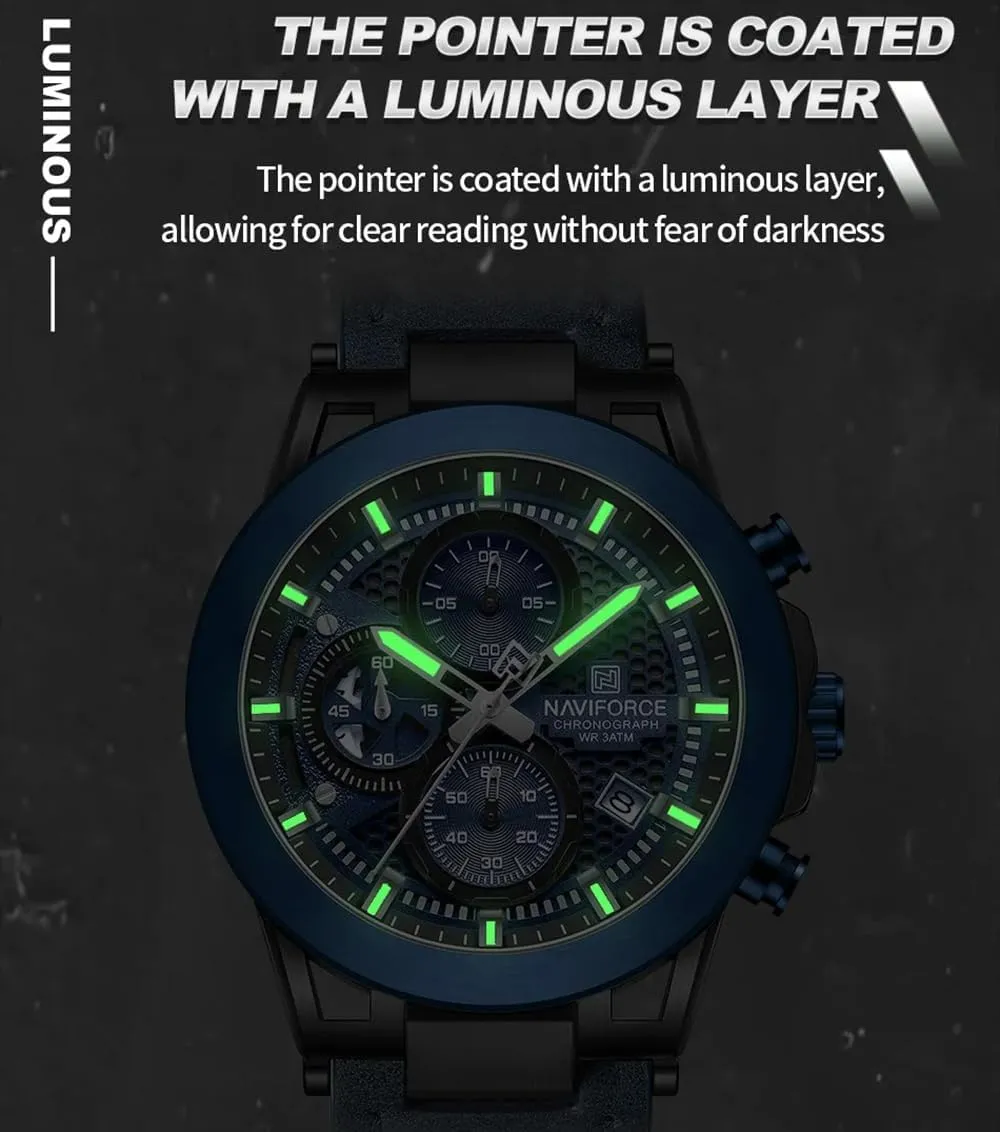 Leather Strap for complicate indigestible Man NAVIFORCE Men Sport Chronograph Watches,with Calendar Quartz Mens Waterproof Wrist Watches, Genuine 