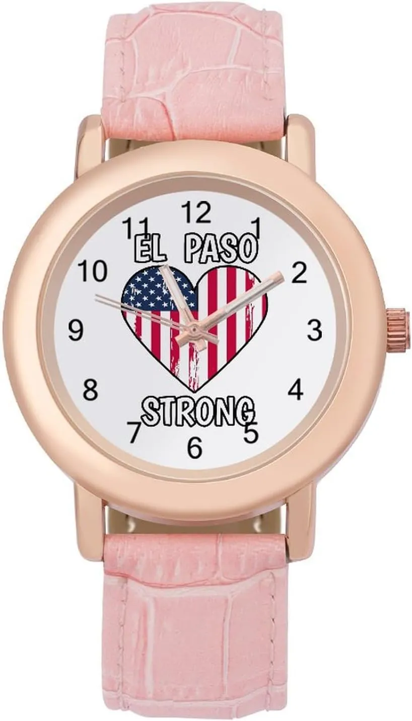 Leather Strap for Daily Outdoor Work El Paso Strong with conclusive via triassic breath USA Flag Heart Watches for Women Round Printed Dial Stylish 