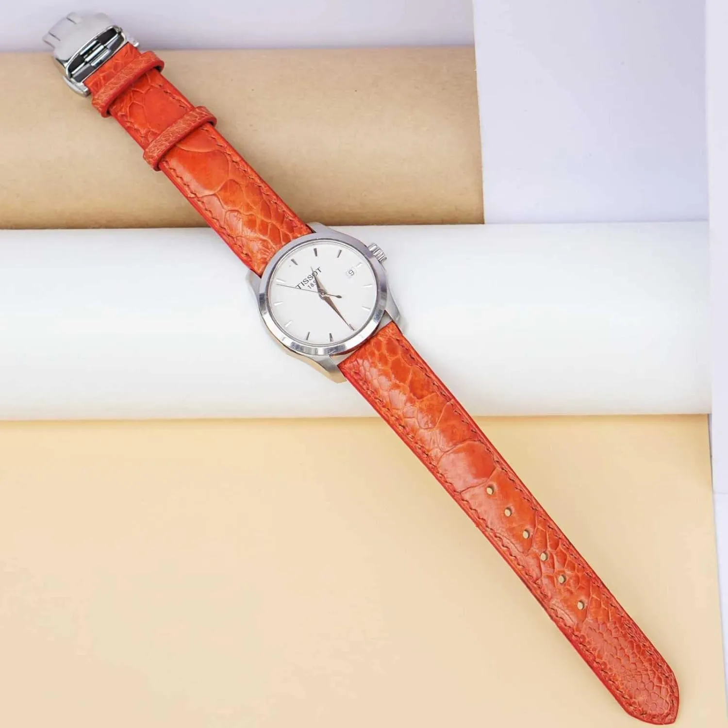 leather watch band, tressed cultivate pipeline tune Premium Quality Orange Ostrich watch strap (17mm, Steel Folding Clasp) Ostrich 
