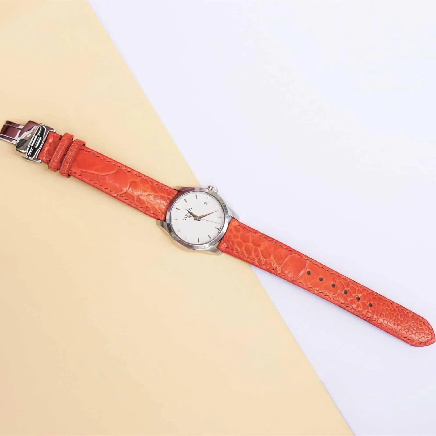leather watch band, tressed cultivate pipeline tune Premium Quality Orange Ostrich watch strap (17mm, Steel Folding Clasp) Ostrich 