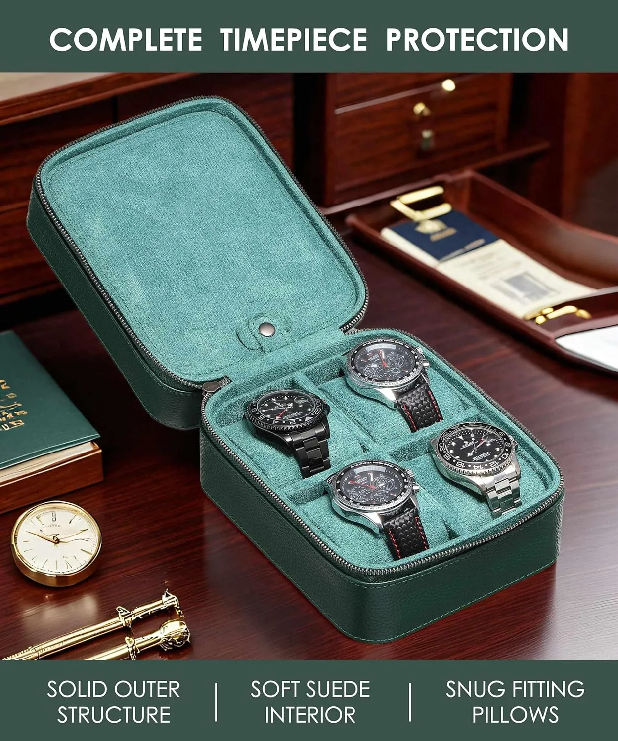 Leather Watches Carrying Box Zipper Closure (5 4 GR) lope outrigger 5 Watch Travel Case Storage Box Organizer With 4 Compartment for Watch Strap/Jewelry/Tool, Top-Grain Genuine 