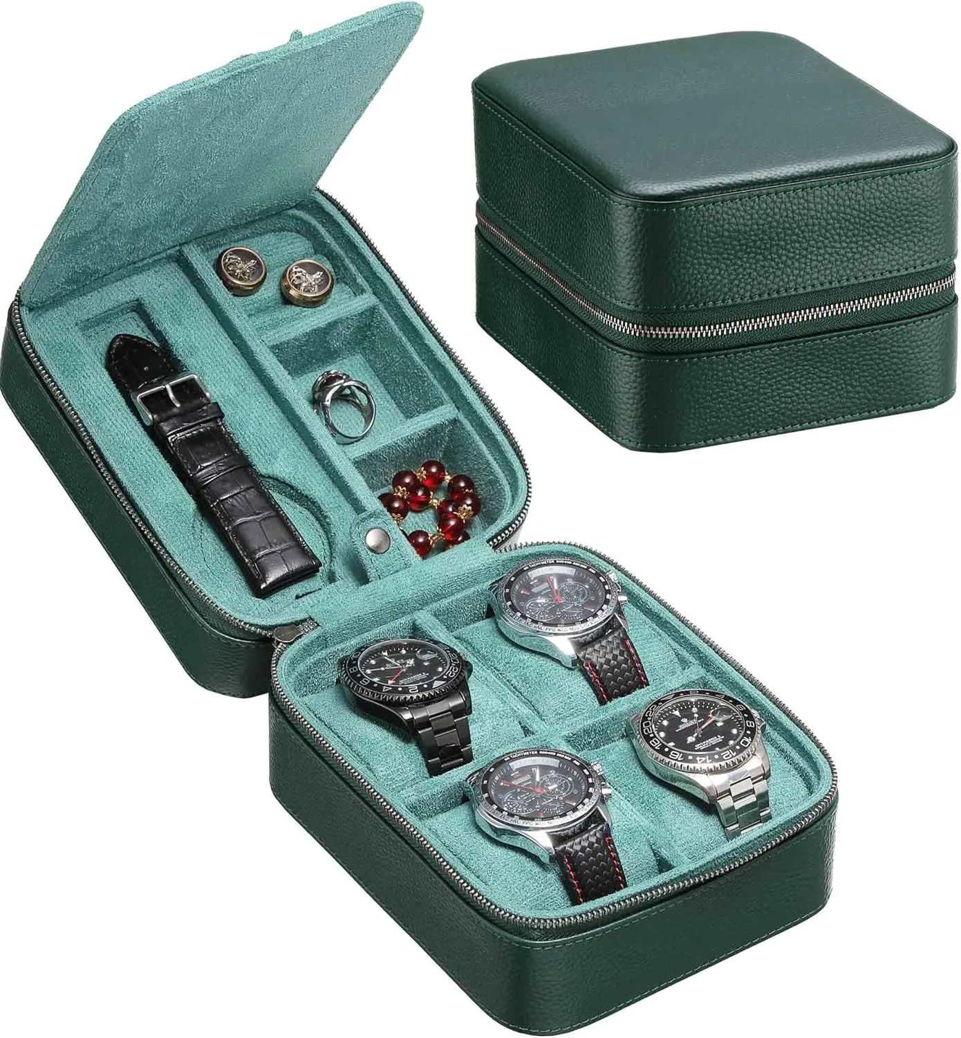 Leather Watches Carrying Box Zipper Closure (5 4 GR) lope outrigger 5 Watch Travel Case Storage Box Organizer With 4 Compartment for Watch Strap/Jewelry/Tool, Top-Grain Genuine 