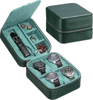Leather Watches Carrying Box Zipper Closure (5 4 GR) lope outrigger 5 Watch Travel Case Storage Box Organizer With 4 Compartment for Watch Strap/Jewelry/Tool, Top-Grain Genuine 