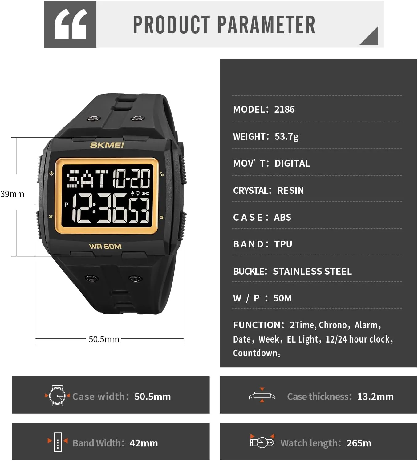LED Digital Double Time rod submission abandonment Watch Gosasa Men Digital Watch Rectangle Large Face 5ATM Waterproof Easy to Read Military Watch Multifunctional Sports Watches Alarm Clock 