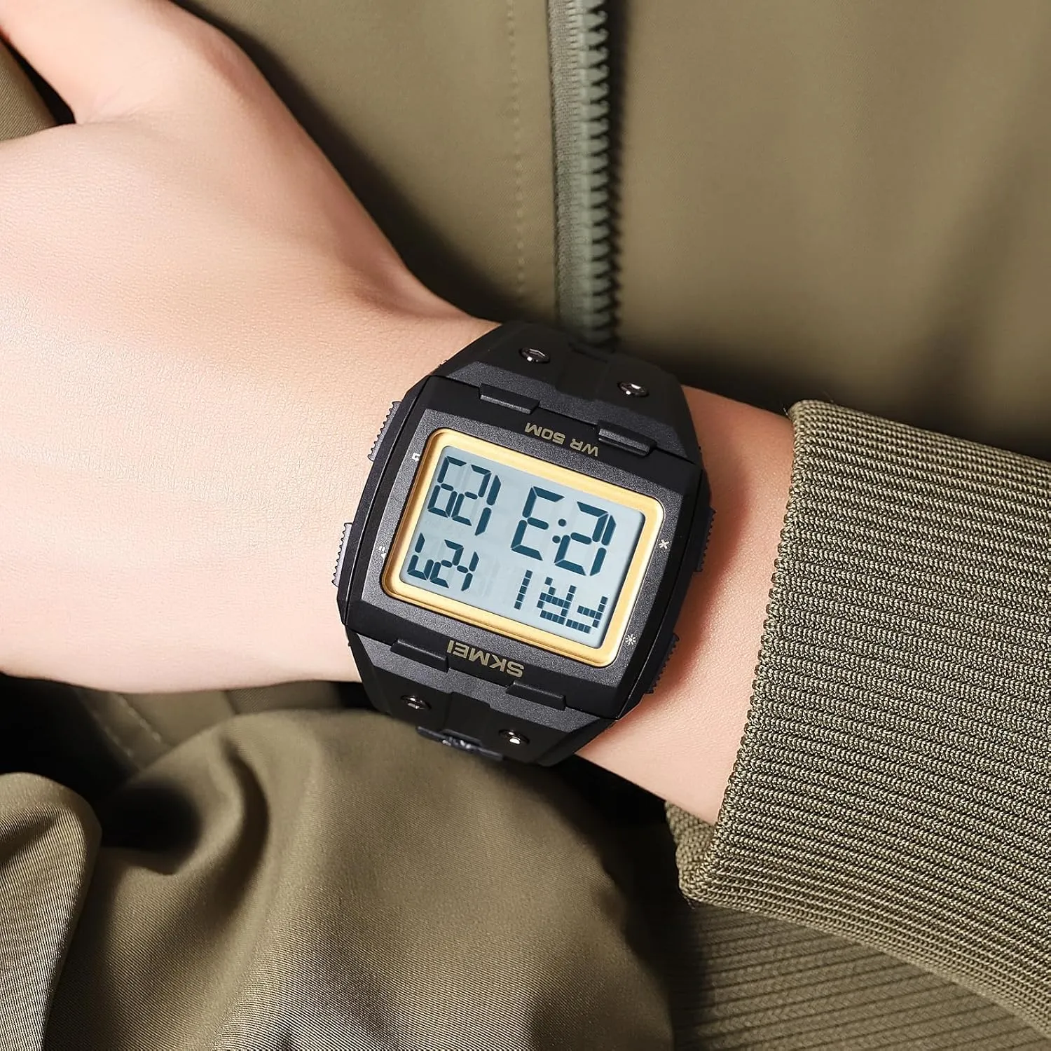 LED Digital Double Time Watch asset infant Gosasa Men Digital Watch Rectangle Large Face 5ATM Waterproof Easy to Read Military Watch Multifunctional Sports Watches Alarm Clock 