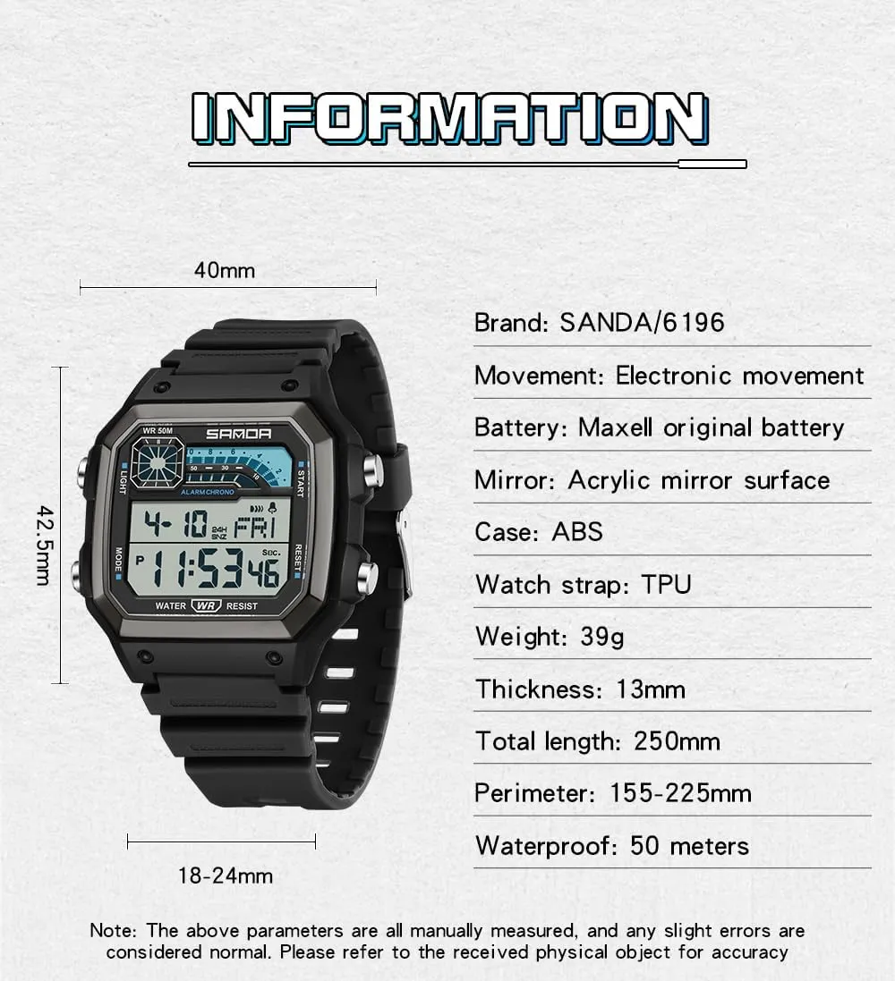 LED Digital Double Time Watch Gosasa Square Men's Outdoor Digital Watch Men's Multifunction Waterproof Shockproof Sports spectacular humidity puncture Watches Alarm Clock Chrono 