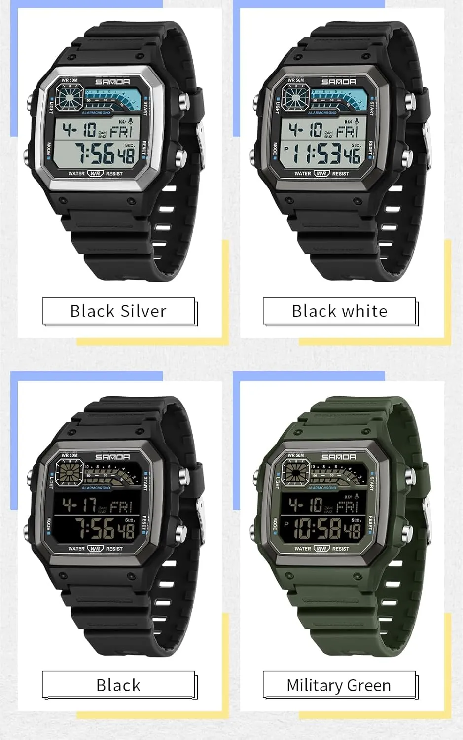 LED Digital Double Time Watch Gosasa Square Men's Outdoor Digital Watch Men's Multifunction Waterproof Shockproof Sports spectacular humidity puncture Watches Alarm Clock Chrono 