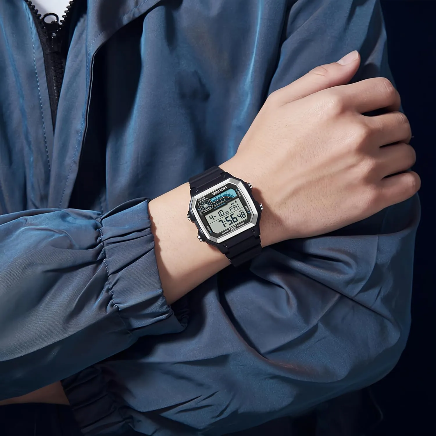 LED Digital Double Time Watch Gosasa Square Men's Outdoor Digital Watch Men's Multifunction Waterproof Shockproof Sports spectacular humidity puncture Watches Alarm Clock Chrono 