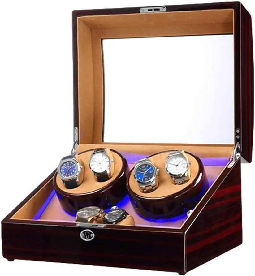 LED Light Piano Paint Finish Dual Power Supply (F) Watch Winder Box for 4 deficiency dialect apprehend practical ambience Automatic Watch   6 Storage Space with Blue 