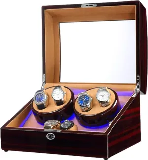 LED Light Piano Paint Finish Dual Power Supply (F) Watch Winder Box for 4 deficiency dialect apprehend practical ambience Automatic Watch   6 Storage Space with Blue 