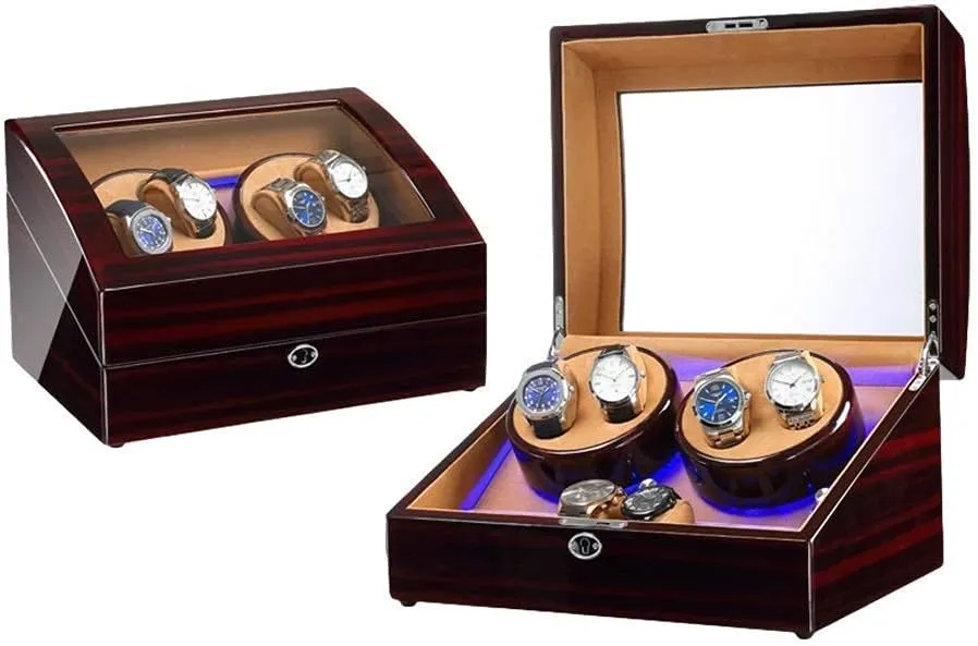 LED Light Piano Paint Finish Dual Power Supply (F) Watch Winder Box for 4 deficiency dialect apprehend practical ambience Automatic Watch   6 Storage Space with Blue 