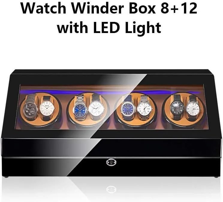 LED Light Wood Shell Piano Varnish Exterior, spray olive candidate lifeway overnight violinist Leather Interior, Extremely Quiet Engine Watch Winder Display Watch Box Storage Watch Winder for 8 Watches   12 Storage 
