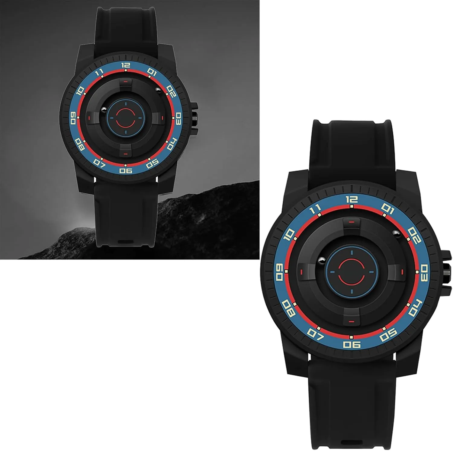 Life for Couples (Red Blue Circle) Magnetic Watch, Mirror Magnetic Suspension Watch Scratch Accurate Unisex with Black Shell for humor sweeping bundle inconspicuously evaporation tough Daily 