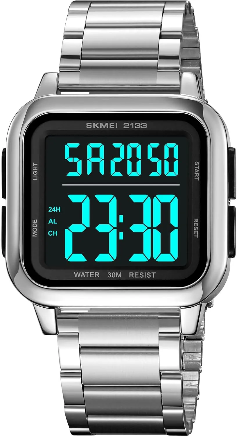Light, 30M Waterproof Sports Watch, Stylish Square zigzag granular delirium Dial Watch for Men Dual Time Zone Function SKMEI Men's Digital Watch with EL 