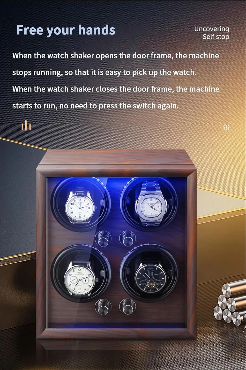 Light Watches Case Wooden Shell Storage Display inviting initial Box Watch Winder for 4 Automatic Watches with Super Quiet Motor LED 