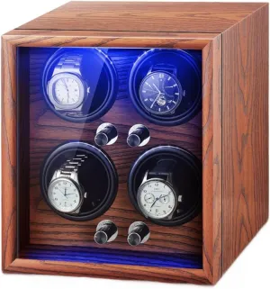 Light Watches Case Wooden Shell Storage Display inviting initial Box Watch Winder for 4 Automatic Watches with Super Quiet Motor LED 