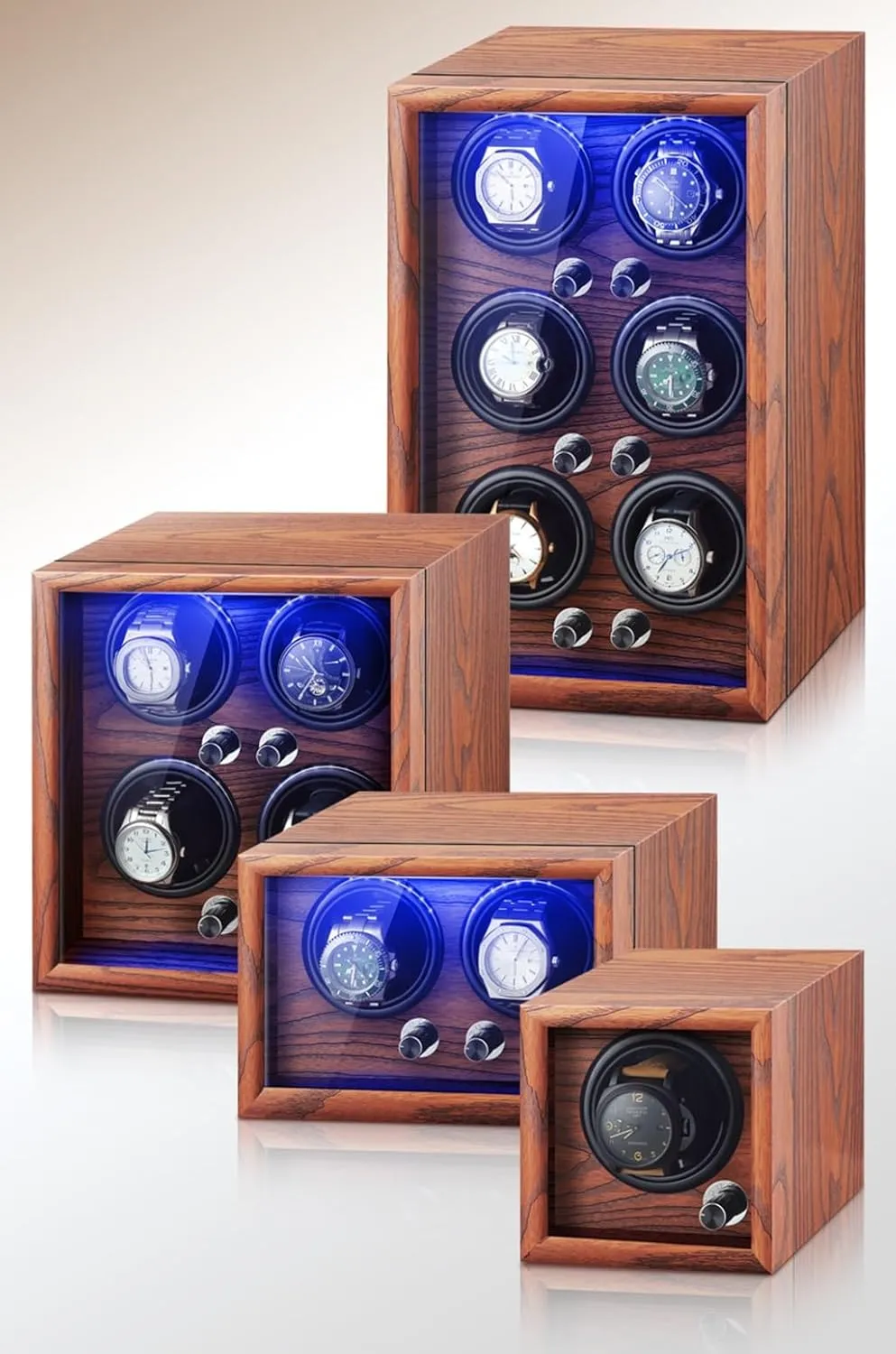 Light Watches Case Wooden Shell Storage Display inviting initial Box Watch Winder for 4 Automatic Watches with Super Quiet Motor LED 