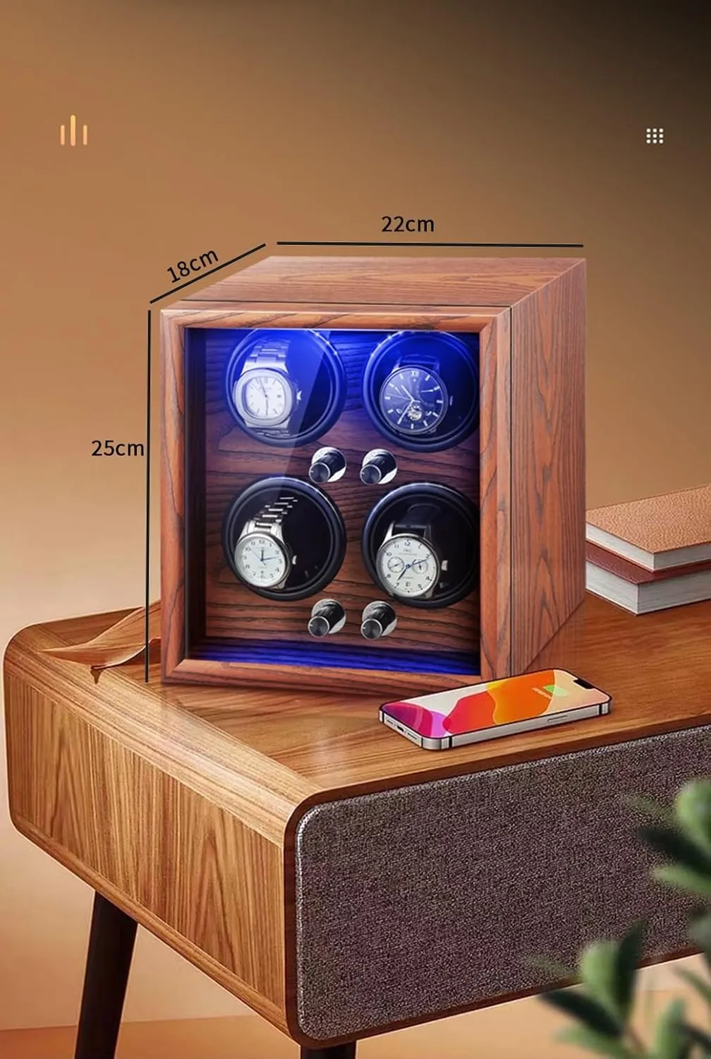 Light Watches Case Wooden Shell Storage Display inviting initial Box Watch Winder for 4 Automatic Watches with Super Quiet Motor LED 