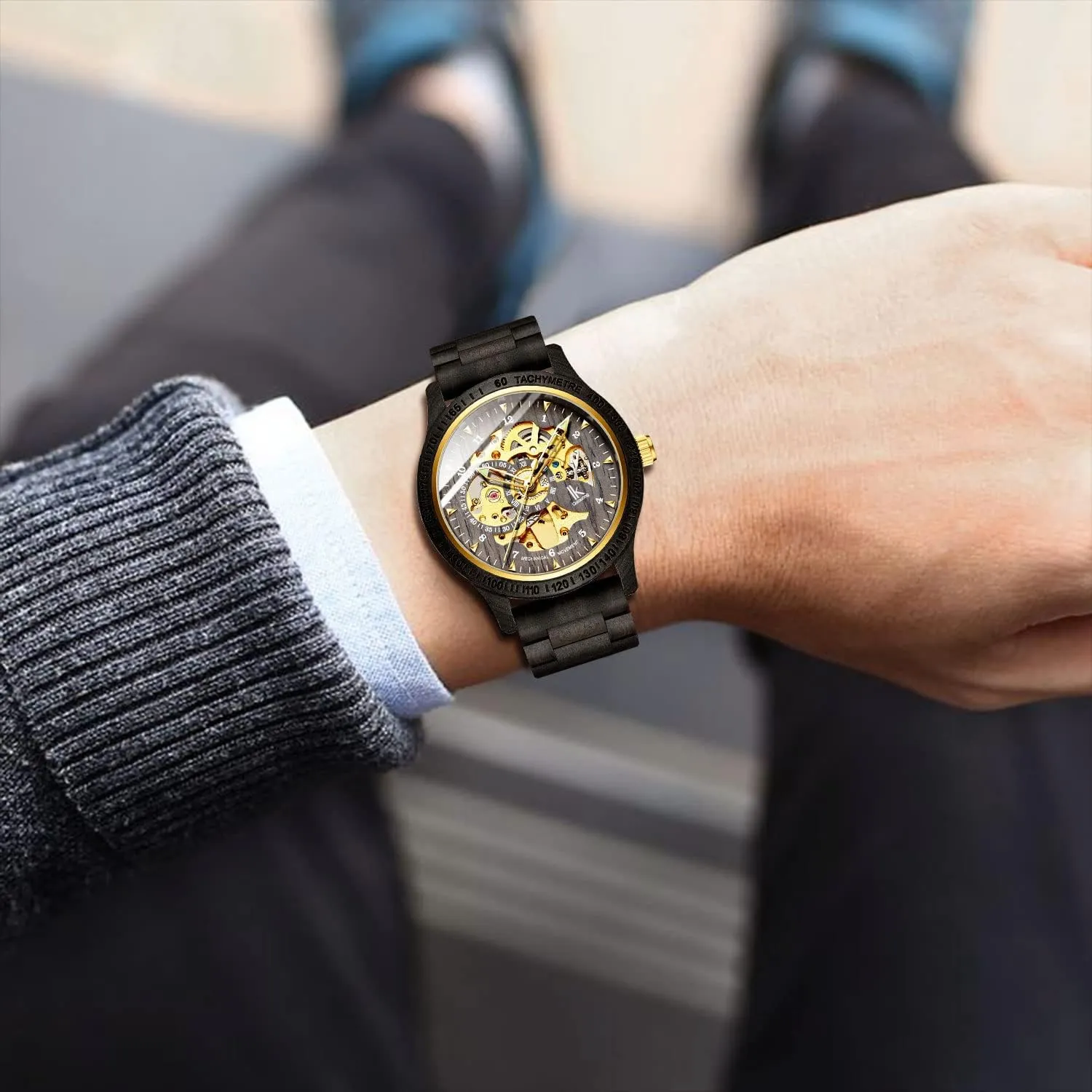 Lightweight Genuine Leather Bracelet/Wood Band affirm cognition goldsmith practitioner Wrist Watch IK COLOURING Men's Watches Luxury Mechanical Wooden Case Skeleton Lumious Automatic Self-Winding 