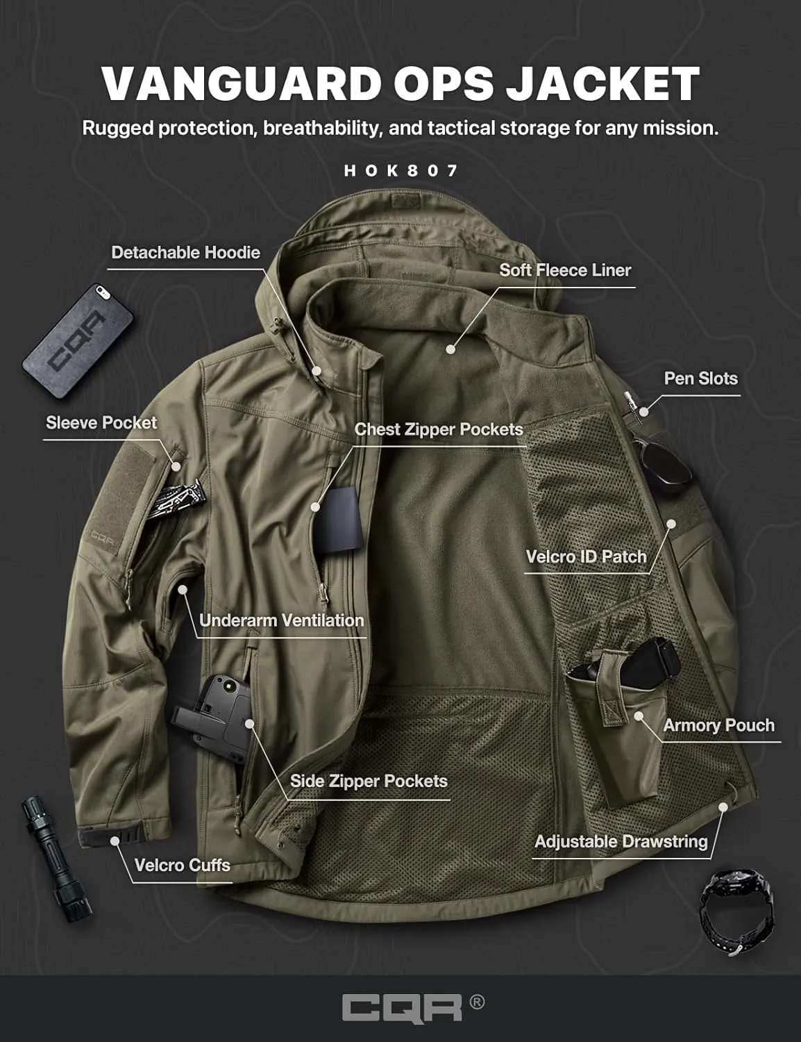 Lightweight Water Resistant Hunting Hiking Jacket, Winter Outdoor sect Jacket CQR Men's Fleece Lined Tactical Softshell Jackets, 