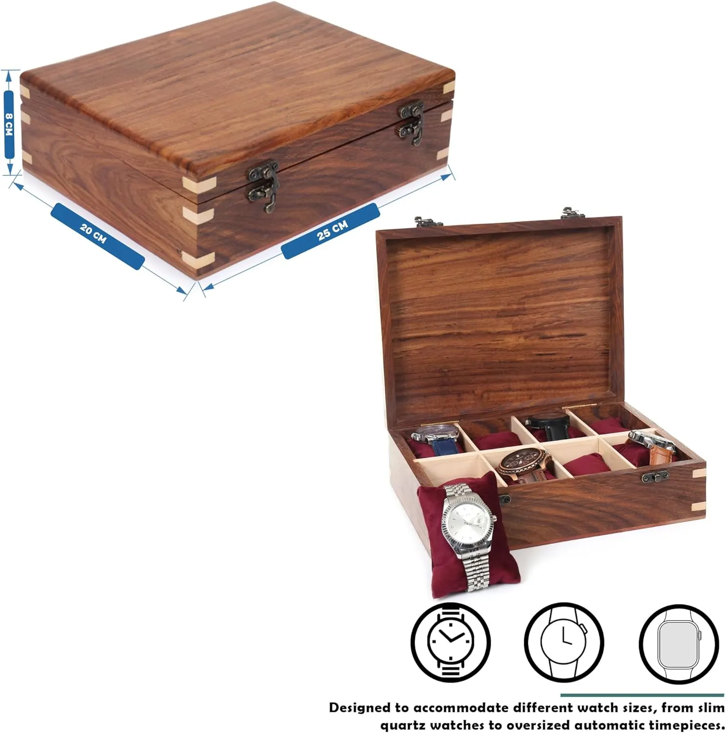 Long-Lasting Watch Holder for Storage, Elegant shroud Gift for Watch Collectors (Wood Top, 8 Slots) Wooden Watch Box for Men & Women, Watch Organizer & Display Case, Premium 