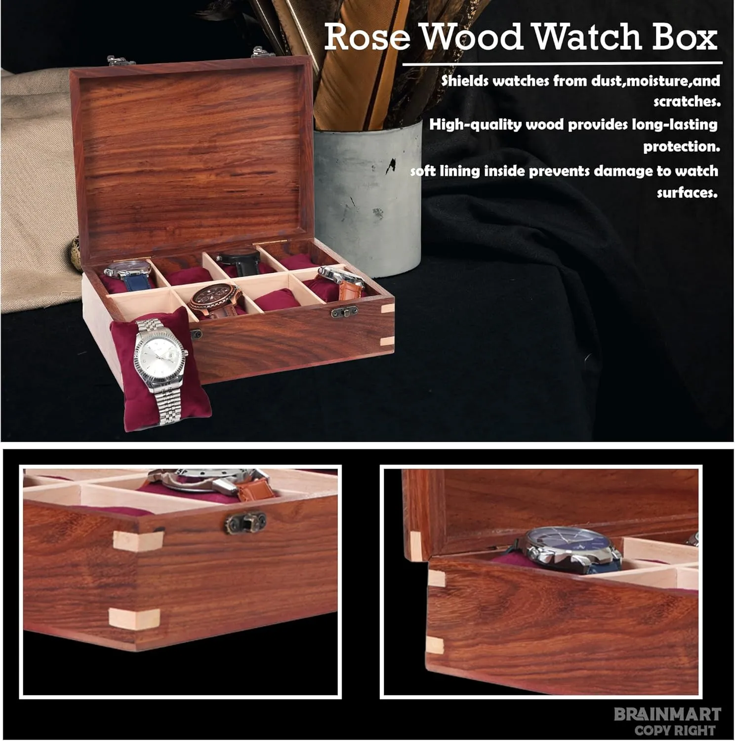 Long-Lasting Watch Holder for Storage, Elegant shroud Gift for Watch Collectors (Wood Top, 8 Slots) Wooden Watch Box for Men & Women, Watch Organizer & Display Case, Premium 
