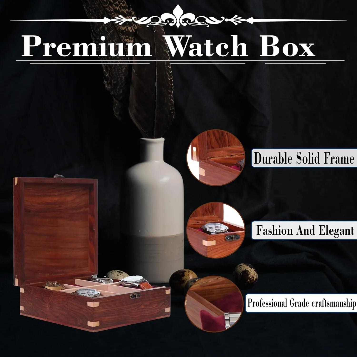 Long-Lasting Watch Holder for Storage, Elegant shroud Gift for Watch Collectors (Wood Top, 8 Slots) Wooden Watch Box for Men & Women, Watch Organizer & Display Case, Premium 