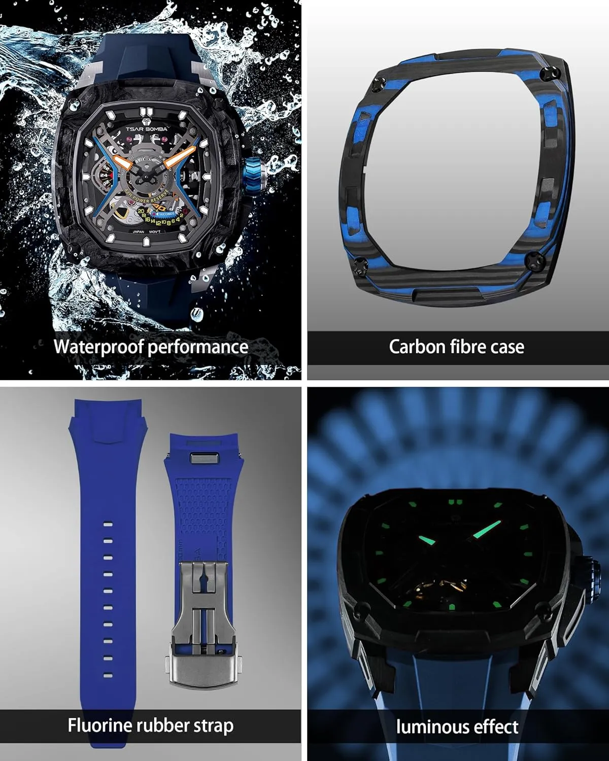 Luminous 5ATM Water Resistant Men's Watch with Fluorine Rubber Strap Great Gifts for Men Luxury Mechanical Watches for hall Men with Carbon Fiber Case Men Wristwatch 